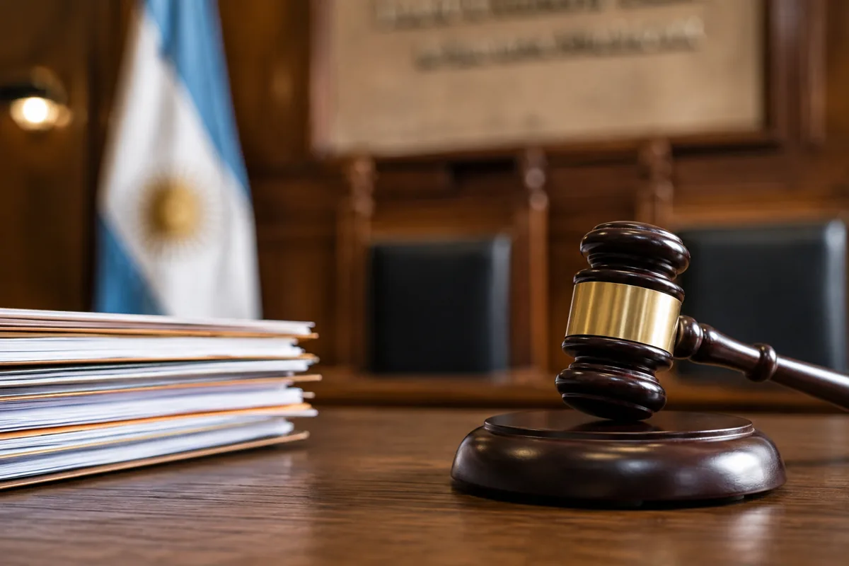 Martillo de juez y expedientes junto a la bandera argentina en un tribunal
