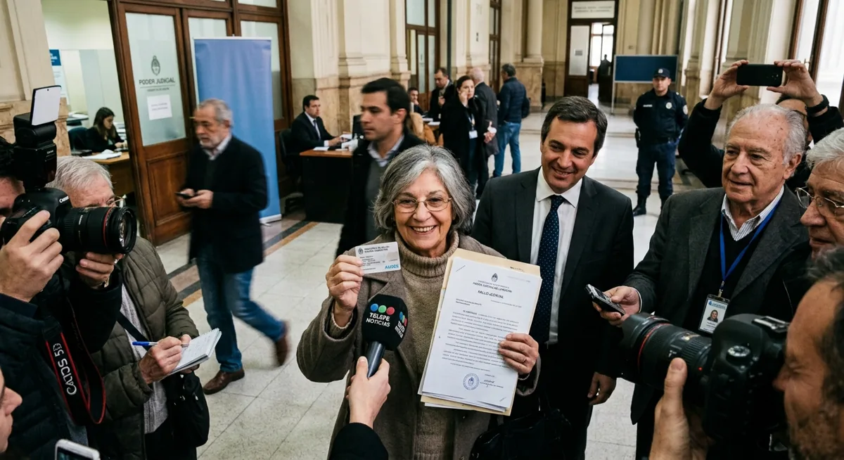 Afiliada jubilada mostrando su carnet y la resolución judicial que le garantizó mantener su cobertura médica