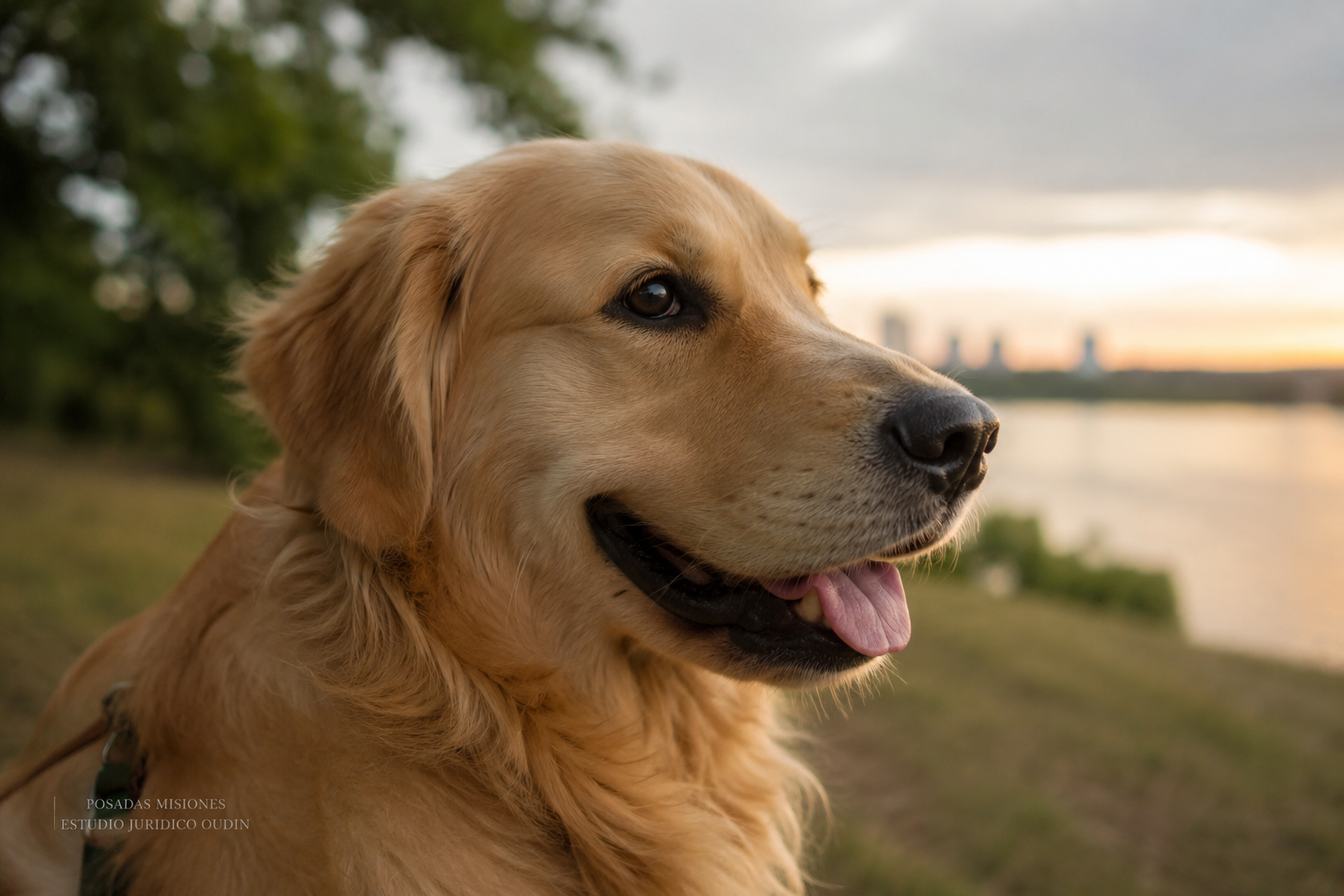 Golden Retriever al atardecer frente al río Paraná, Posadas Misiones — Estudio Jurídico Oudin